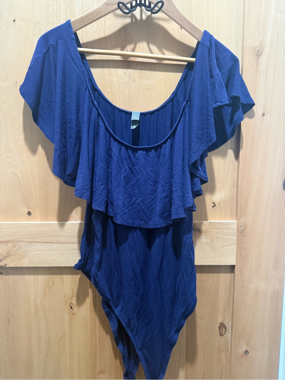 Blue Ruffle Off-Shoulder Bodysuit